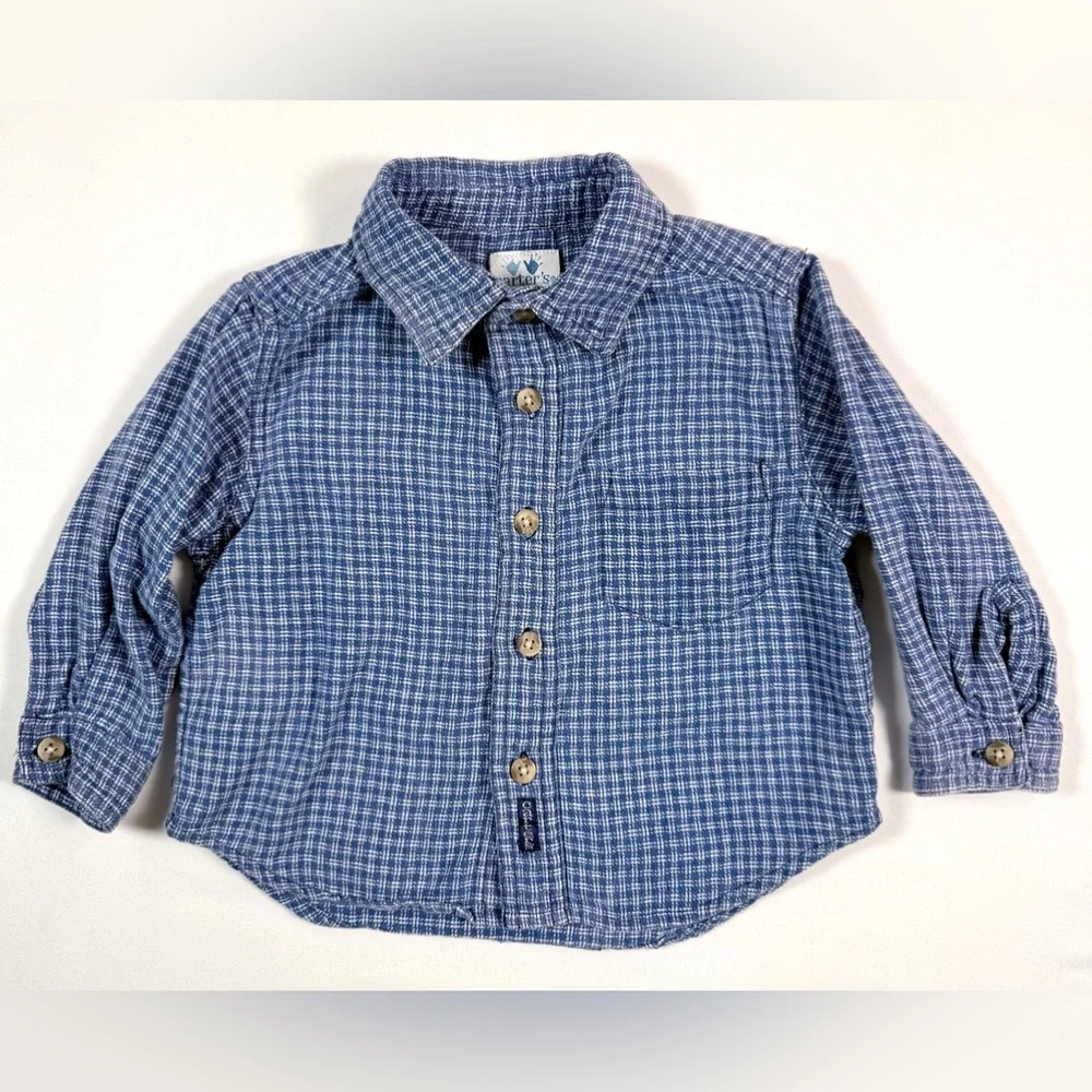 CARTERS Boys Button Up Shirt 18M‎ Blue Plaid Long Sleeve Classic Preppy Everyday